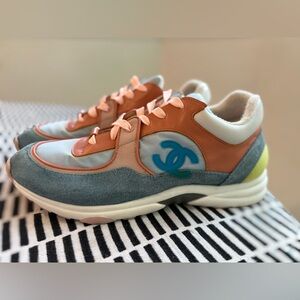 Chanel Multicolor Calfskin Leather Sneakers - Blue/Coral